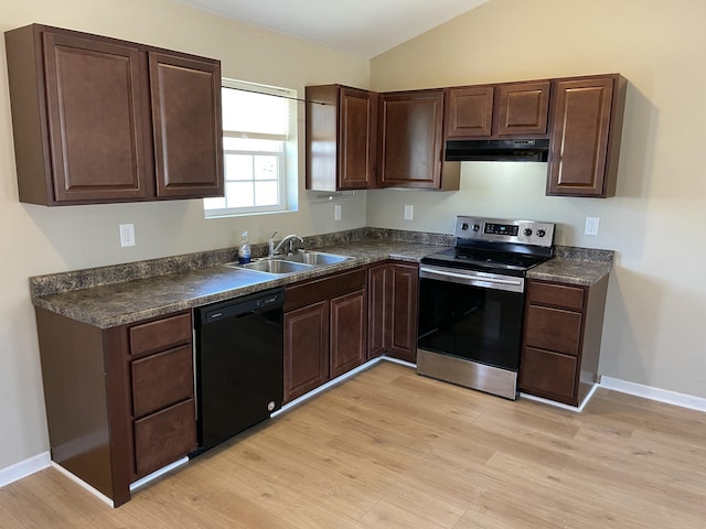 kitchen featuring lofted ceiling, sink, stainless steel electric range, light hardwood / wood-style flooring, and dishwasher