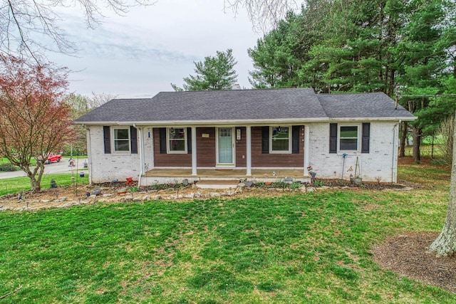 506 Viola Cir, Mount Carmel, TN 37645 - ranch-style home with a front lawn, a shingled roof, covered porch, and brick siding