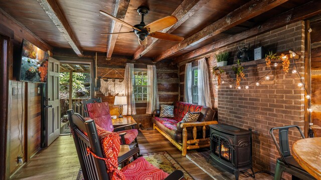 1131 Old Cartertown Rd, Gatlinburg, TN 37738 - sunroom / solarium featuring a wood stove and beam ceiling