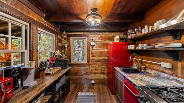 1131 Old Cartertown Rd, Gatlinburg, TN 37738 - indoor wet bar featuring dark wood-style flooring, wood ceiling, wooden walls, beam ceiling, and ceiling fan