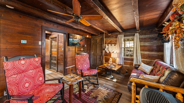 1131 Old Cartertown Rd, Gatlinburg, TN 37738 - sitting room with wooden walls, wood ceiling, wood-type flooring, beam ceiling, and ceiling fan