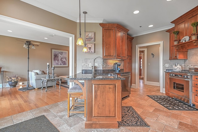 351 Monroe Pvt Dr, Bristol, TN 37620 - kitchen with stainless steel appliances, ornamental molding, tasteful backsplash, a breakfast bar area, and brown cabinets