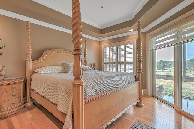 351 Monroe Pvt Dr, Bristol, TN 37620 - bedroom featuring access to outside, ornamental molding, light wood finished floors, and a tray ceiling