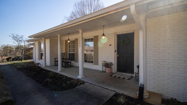 view of exterior entry with brick siding and covered porch