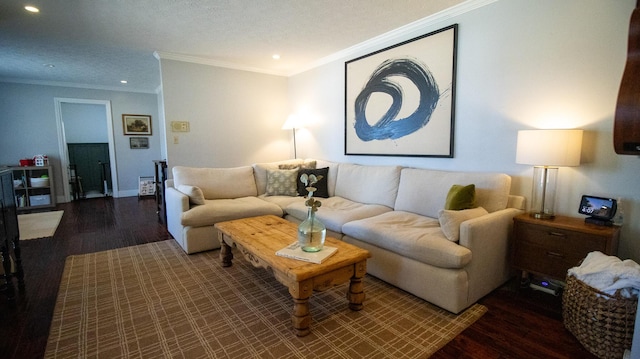 living area featuring recessed lighting, crown molding, and wood finished floors