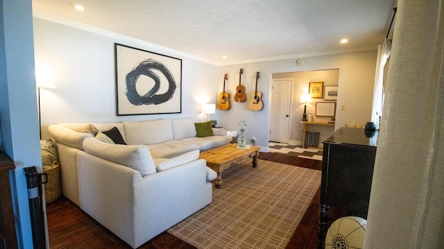 living room featuring crown molding, recessed lighting, and dark wood-style floors