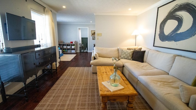 living area featuring dark wood finished floors, recessed lighting, baseboards, and ornamental molding