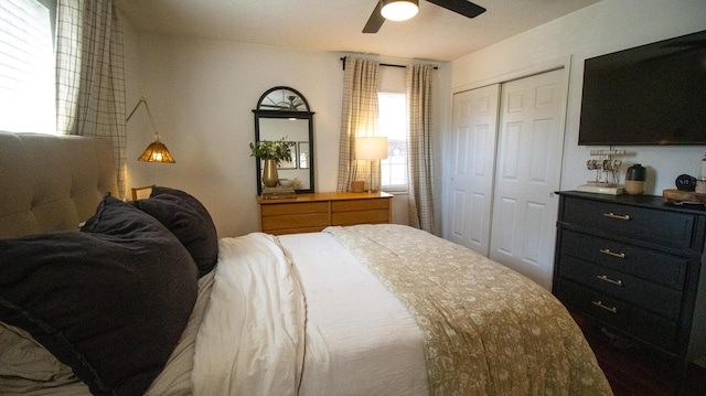 bedroom with a closet and a ceiling fan