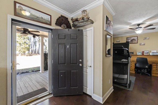 1096 Ch Rankin Rd, White Pine, TN 37890 - foyer featuring ceiling fan, a textured ceiling, dark wood finished floors, ornamental molding, and baseboards