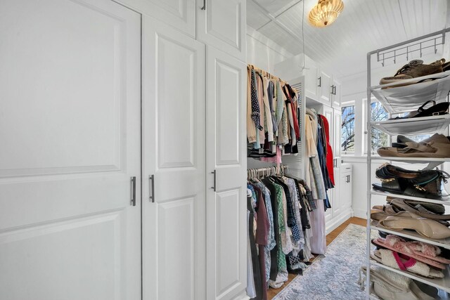 walk in closet with light wood-style flooring