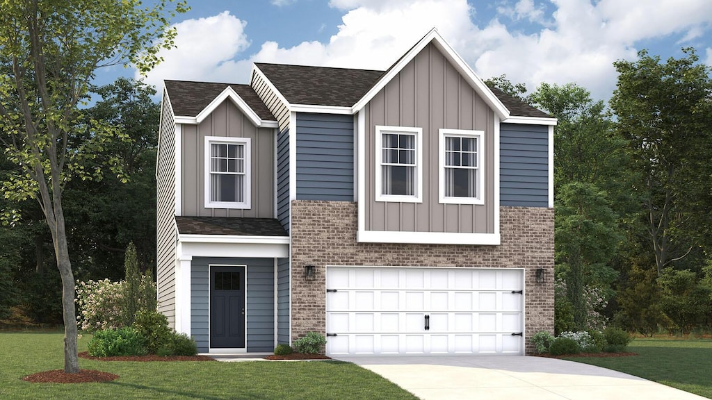 5129 Lost Creek Dr, Morristown, TN 37813 - view of front of home with board and batten siding, brick siding, a garage, and driveway