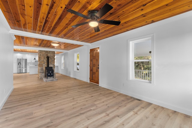 unfurnished living room with light hardwood / wood-style floors, a wood stove, ceiling fan, and wood ceiling