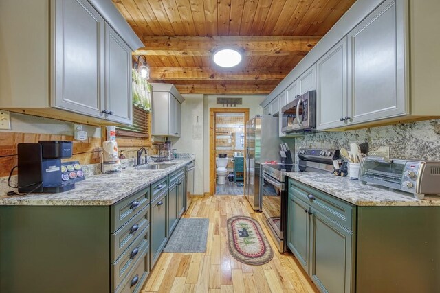 kitchen featuring appliances with stainless steel finishes, a sink, wooden ceiling, light wood-style floors, and beam ceiling