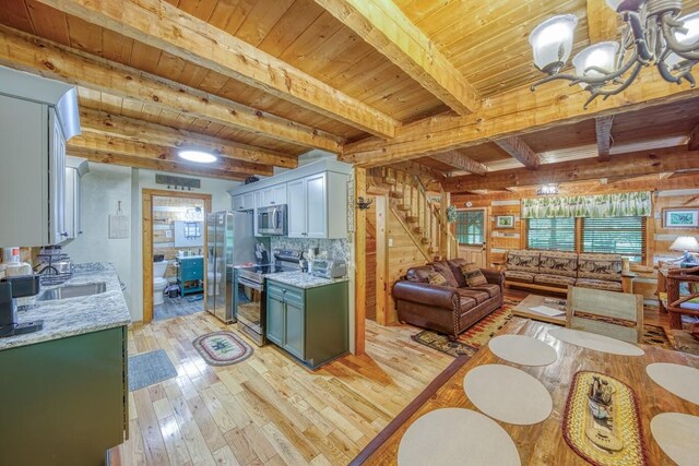 kitchen featuring stainless steel appliances, open floor plan, wooden ceiling, light wood finished floors, and a sink
