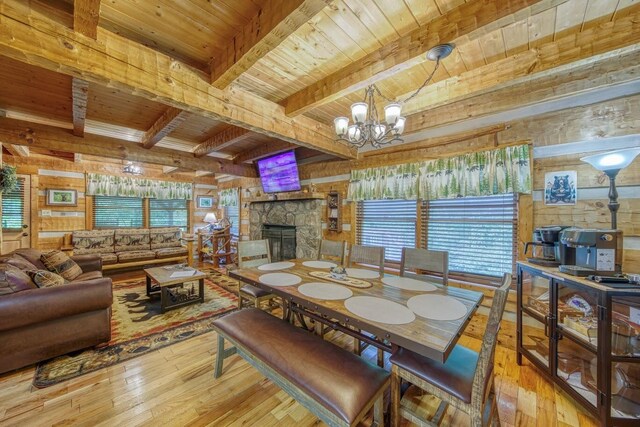dining area with wood ceiling, hardwood / wood-style flooring, beam ceiling, wood walls, and a chandelier