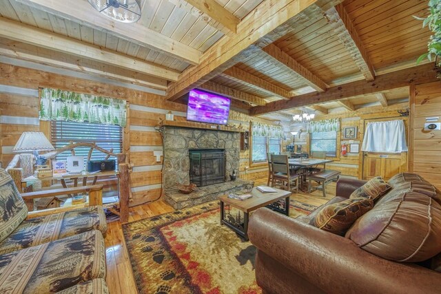 living area with hardwood / wood-style floors, wooden walls, wood ceiling, beamed ceiling, and a stone fireplace