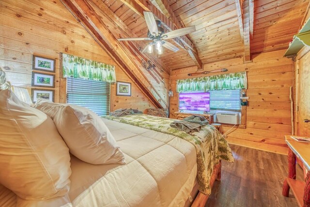 bedroom with wood walls, wood finished floors, wood ceiling, and cooling unit