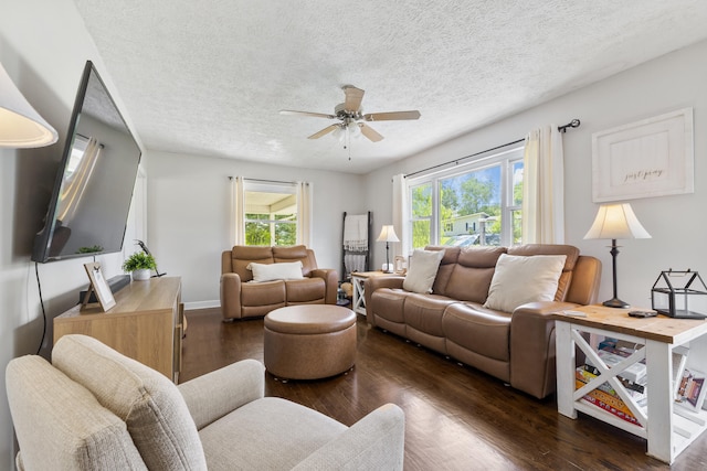 2121 Fir St, Morristown, TN 37813 - living area featuring a ceiling fan, dark wood-style floors, and a textured ceiling