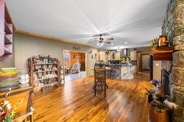2760 Forest Ridge Rd, Dandridge, TN 37725 - living room featuring ornamental molding, ceiling fan, wood-type flooring, and a fireplace
