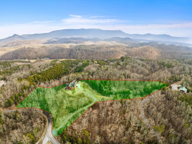 2760 Forest Ridge Rd, Dandridge, TN 37725 - aerial overview of property's location featuring a mountainous background, property parcel outlined, and a forest