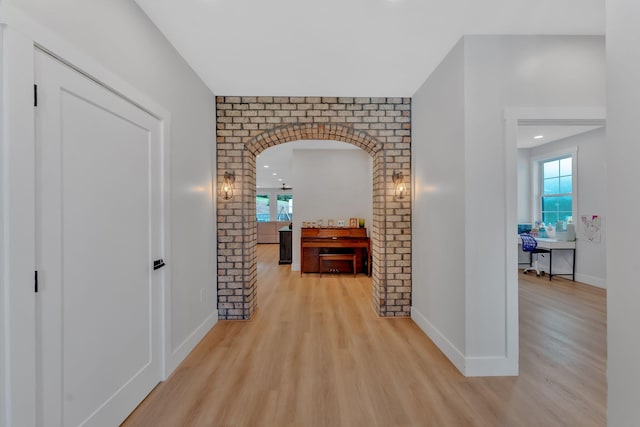 1936 Turners Landing Rd, Russellville, TN 37860 - corridor with light hardwood / wood-style floors and brick wall