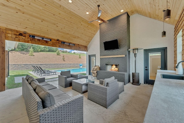 1936 Turners Landing Rd, Russellville, TN 37860 - view of patio / terrace featuring an outdoor living space with a fireplace, ceiling fan, and sink