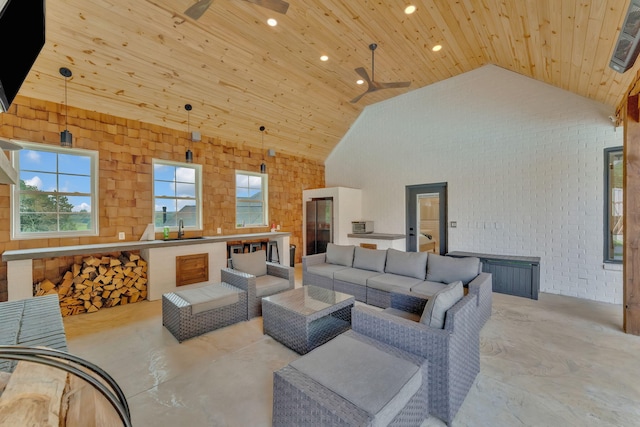 1936 Turners Landing Rd, Russellville, TN 37860 - living room with ceiling fan, sink, wooden ceiling, high vaulted ceiling, and brick wall