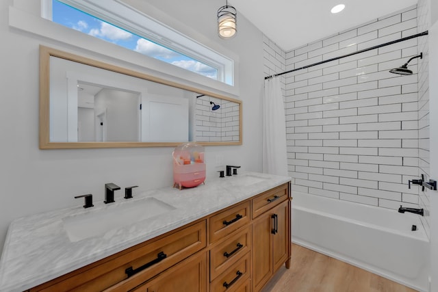 1936 Turners Landing Rd, Russellville, TN 37860 - bathroom featuring vanity, hardwood / wood-style flooring, and shower / tub combo with curtain