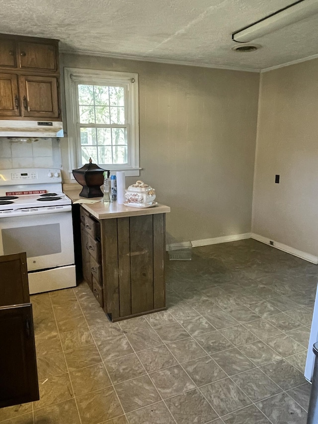 kitchen featuring dark brown cabinets, a textured ceiling, and white electric range