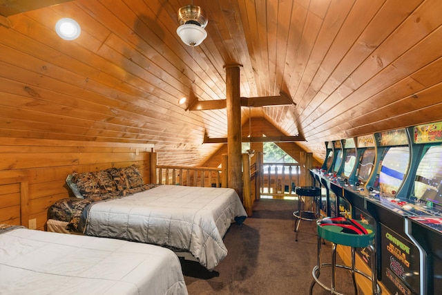 bedroom with carpet, lofted ceiling, wood ceiling, and wooden walls