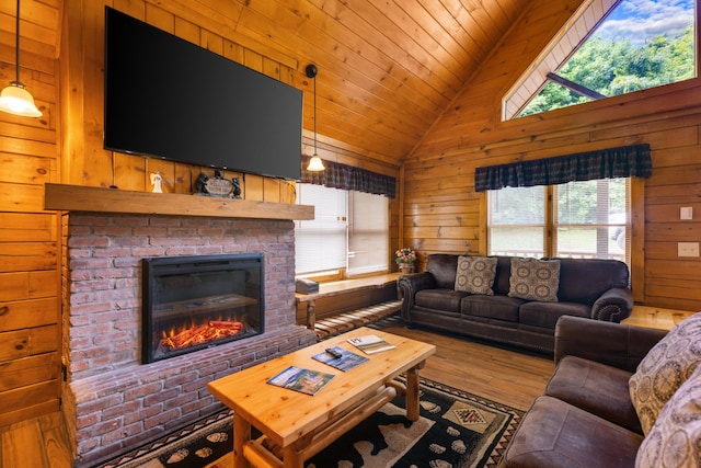 living room with hardwood / wood-style flooring, wooden ceiling, and wood walls