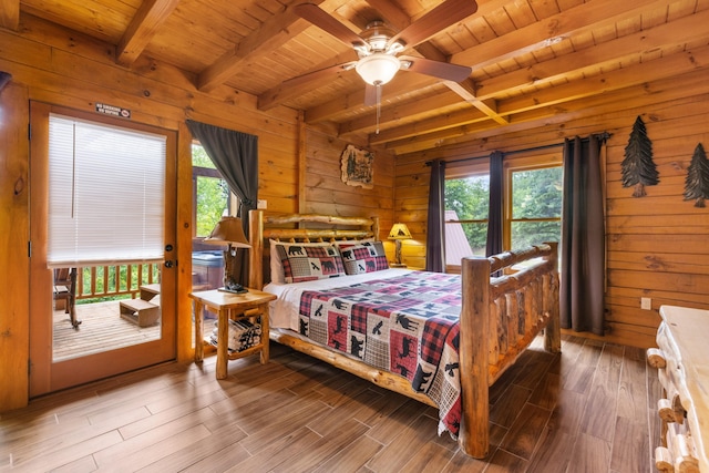 bedroom featuring beam ceiling, ceiling fan, hardwood / wood-style floors, and wood ceiling