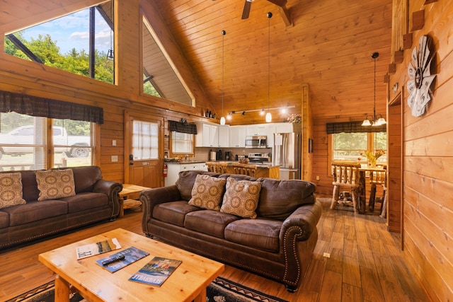 living room with beamed ceiling, hardwood / wood-style flooring, high vaulted ceiling, and wooden walls