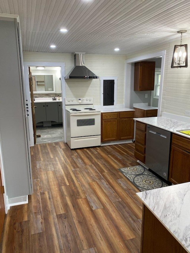 kitchen featuring white electric range oven, dark hardwood / wood-style flooring, stainless steel dishwasher, and wall chimney exhaust hood