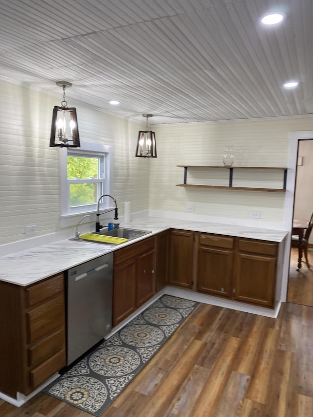 kitchen with wood ceiling, sink, dishwasher, dark hardwood / wood-style floors, and hanging light fixtures