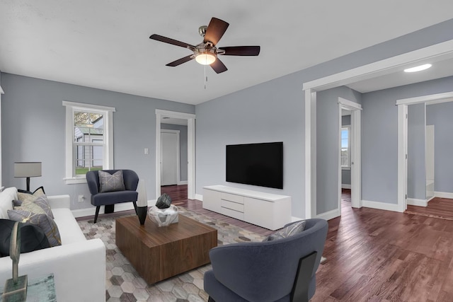 living room featuring ceiling fan and wood-type flooring