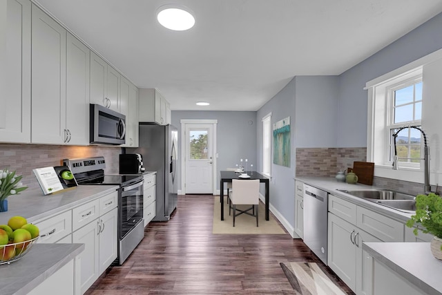 kitchen featuring decorative backsplash, appliances with stainless steel finishes, sink, dark hardwood / wood-style floors, and white cabinetry