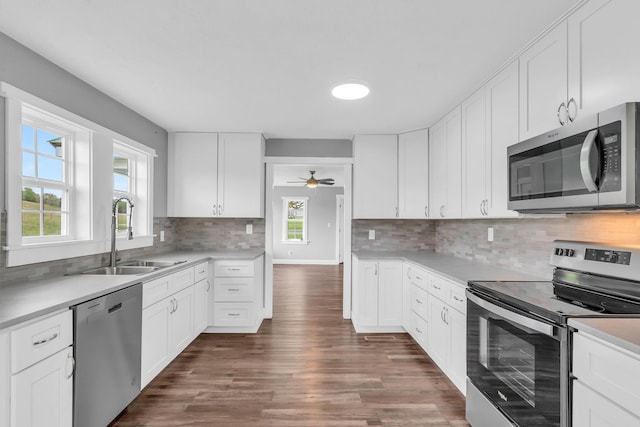 kitchen featuring ceiling fan, sink, white cabinets, and stainless steel appliances