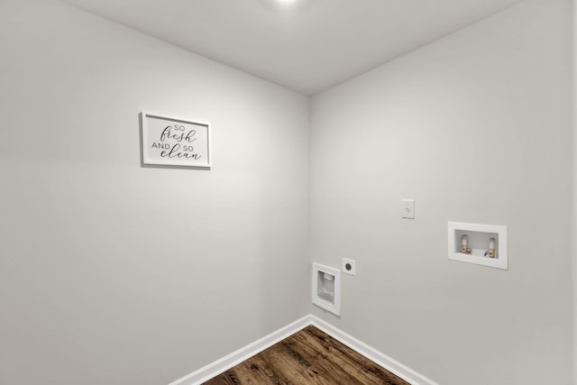 laundry room featuring dark wood-style flooring, hookup for a washing machine, electric dryer hookup, laundry area, and baseboards