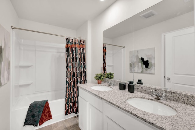 full bathroom featuring shower / bath combo, visible vents, a sink, and double vanity