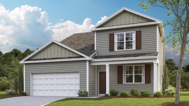 traditional home featuring a garage, roof with shingles, board and batten siding, and concrete driveway