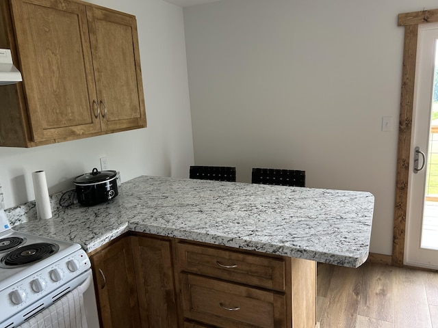 1101 Beason Ridge Rd, New Tazewell, TN 37825 - kitchen with a peninsula, white electric range oven, light wood finished floors, exhaust hood, and brown cabinetry