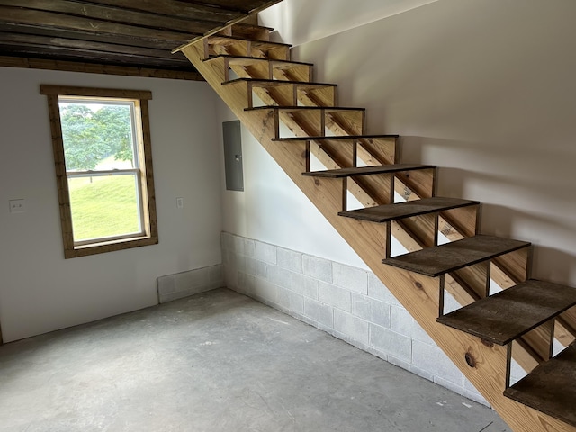 1101 Beason Ridge Rd, New Tazewell, TN 37825 - stairway featuring electric panel, concrete flooring, and concrete block wall
