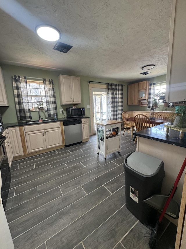 kitchen with a healthy amount of sunlight, dishwasher, wood tiled floor, and a sink