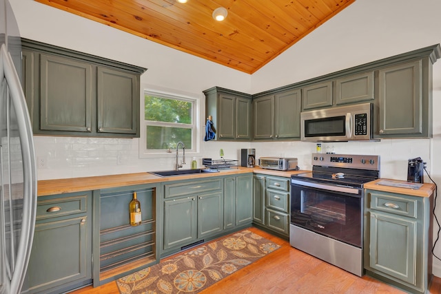 3466 Caywood Rd, Dandridge, TN 37725 - kitchen featuring stainless steel appliances, a sink, green cabinetry, wooden ceiling, and lofted ceiling