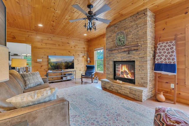 3466 Caywood Rd, Dandridge, TN 37725 - living area featuring wood ceiling, wood finished floors, ceiling fan, wood walls, and recessed lighting