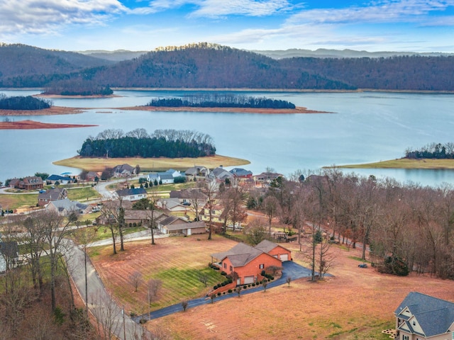 bird's eye view featuring a water and mountain view