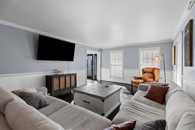 living room featuring crown molding, wood finished floors, and a wainscoted wall