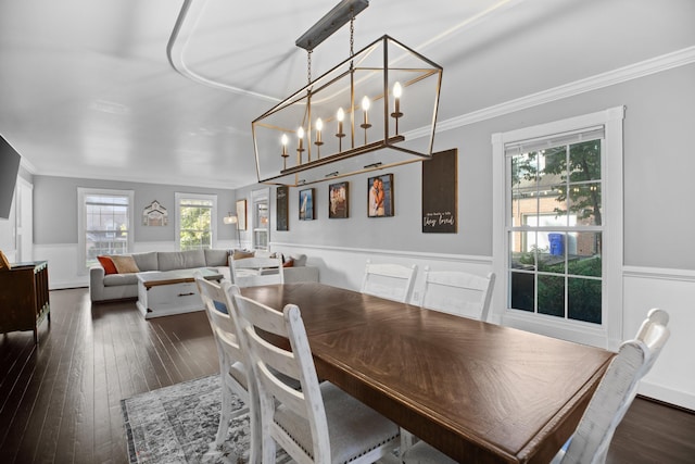 dining space featuring hardwood / wood-style floors, crown molding, and wainscoting