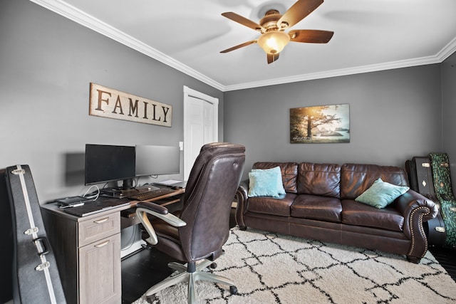 office space featuring a ceiling fan, crown molding, and wood finished floors